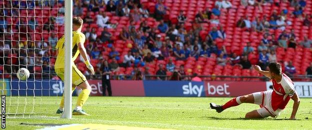 Rotherham's Richard Wood (right) watches his second goal go in off the post