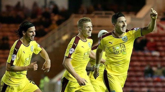 Burnley celebrate Stephen Ward's goal