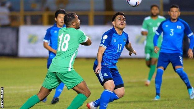 Montserrat's Alex Dyer (left) in action against El Salvador in a Gold Cup qualifier