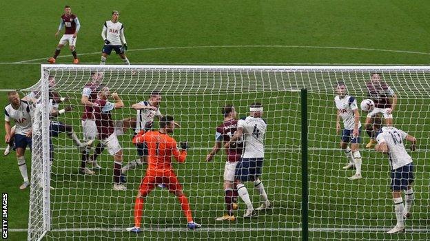 Harry Kane heads the ball off the line in Tottenham's 1-0 win over Burnley in October