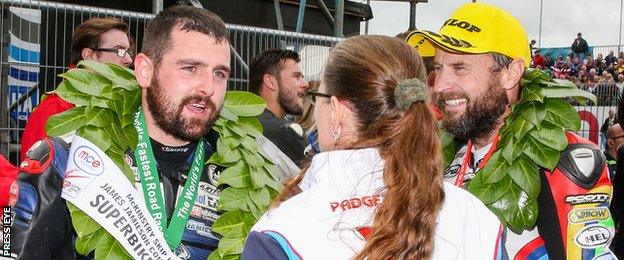 Michael Dunlop (left) with Bruce Anstey after they finished behind Ian Hutchinson in the first Superbike race