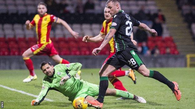 Hibernian's Anthony Stokes cannot find the net after rounding Partick Thistle goalkeeper Tomas Cerny