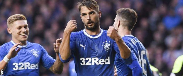 Niko Kranjcar celebrates his first goal for Rangers