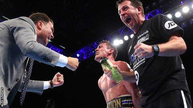 Promoter Eddie Hearn, boxer Anthony Crolla and his trainer Joe Gallagher