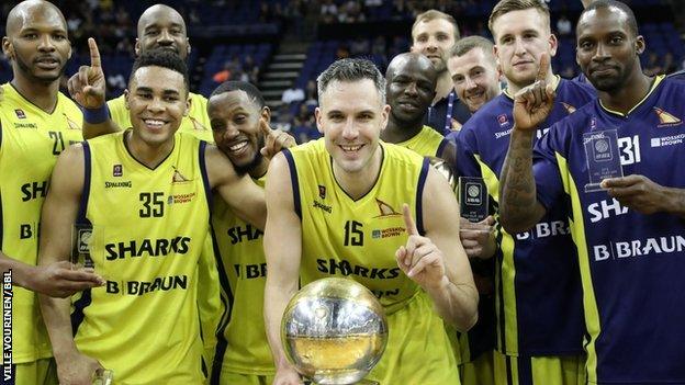 Sheffield Sharks celebrate winning the BBL play-offs title