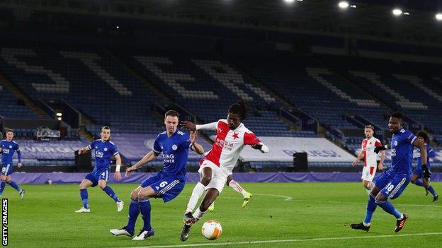 Match action from Leicester v Slavia Prague