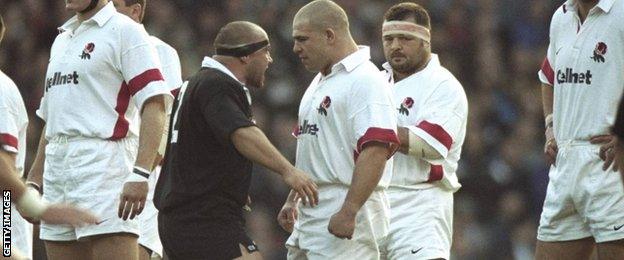 Richard Cockerill and Norm Hewitt square up during the All Blacks haka