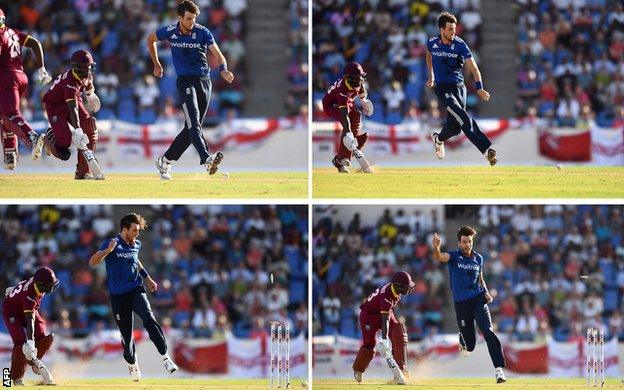 Steven Finn runs out West Indies top-scorer Jason Mohammed