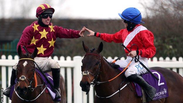 Jockeys Jack Kennedy and Rachael Blackmore first-pump