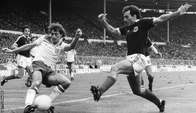 Willie Miller moves to close down England's Trevor Francis in the 1-0 win for Scotland at Wembley in May 1981