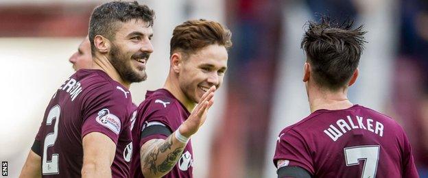 Callum Paterson, Sam Nicholson and Jamie Walker celebrate for Hearts against Hamilton