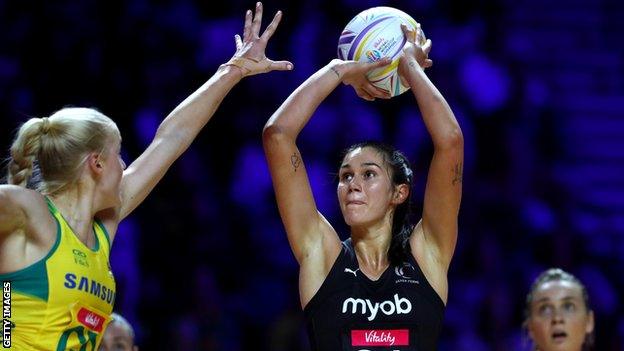 New Zealand netball player Ameliaranne Ekenasio takes a shot against Australia