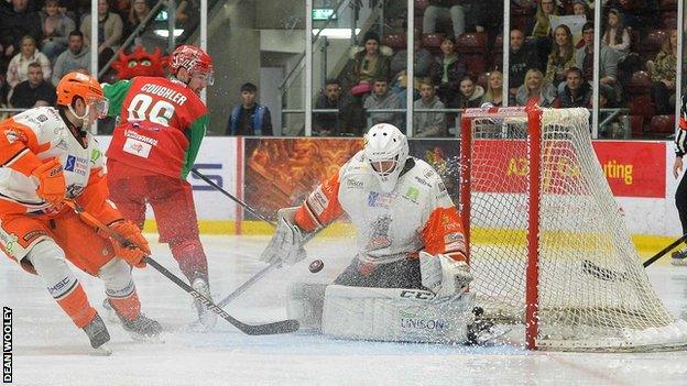 Cardiff Devils Jake Coughler goes close against Sheffield Steelers