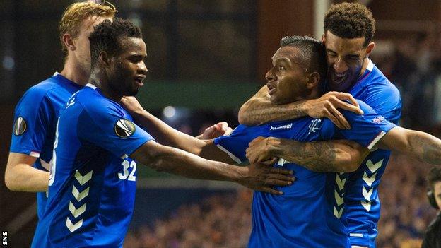 Alfredo Morelos (second right) celebrates Rangers' equaliser