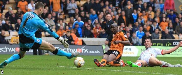 Benik Afobe scores his second goal of the game