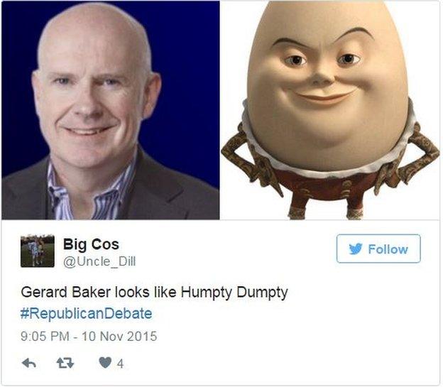 Picture of Gerard Baker alongside Humpty Dumpty. Tweet reads: "Gerard Baker looks like Humpty Dumpty".