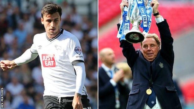 George Thorne in action for Derby (left) and Harry Redknapp celebrates promotion to the Premier League as QPR boss