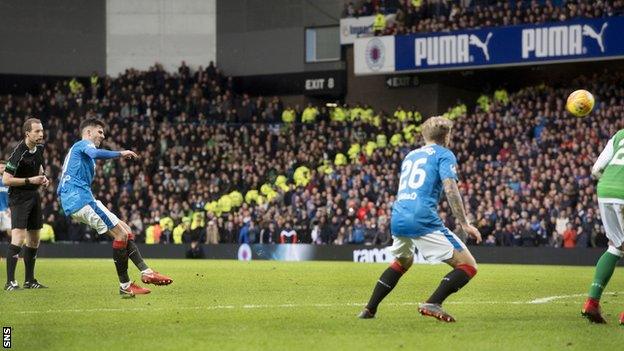 Rangers midfielder Sean Goss scores a free-kick against Hibernian