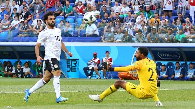 Mohamed Salah scores in the 2018 World Cup against Saudi Arabi