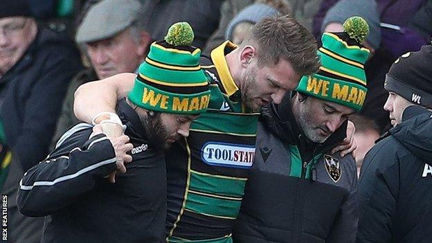 Wales stand-off Dan Biggar was helped from the field after 20 minutes at Franklin's Gardens