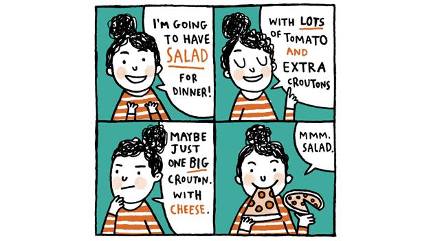 Girl decides to have salad with croutons and tomatoes - is shown eating pizza