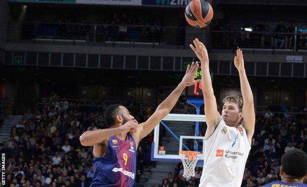 Real Madrid's Luka Doncic shoots during a December 2017 match with Barcelona