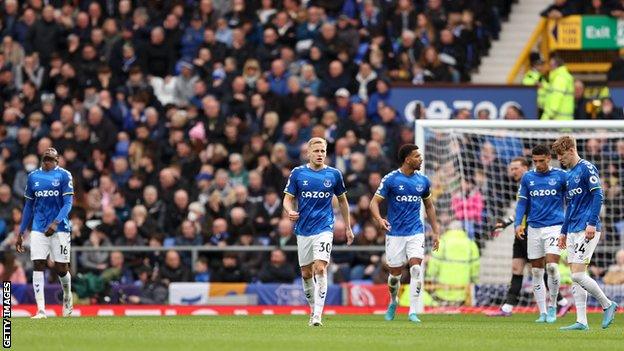 Everton players look dejected after conceding