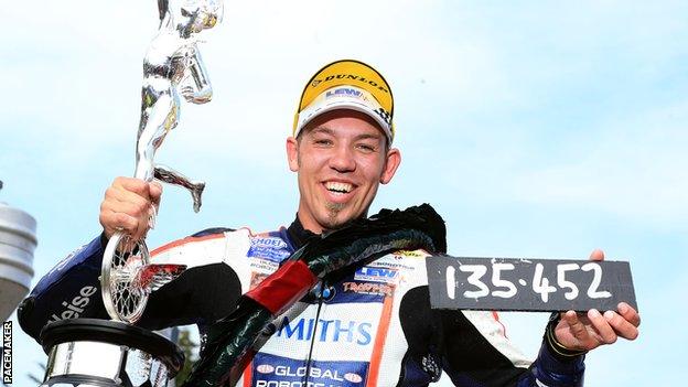 Peter Hickman celebrates his Senior race victory and his amazing lap speed on the Mountain Course