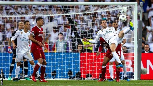 Gareth Bale scores for Real Madrid against Liverpool in the Champions League final