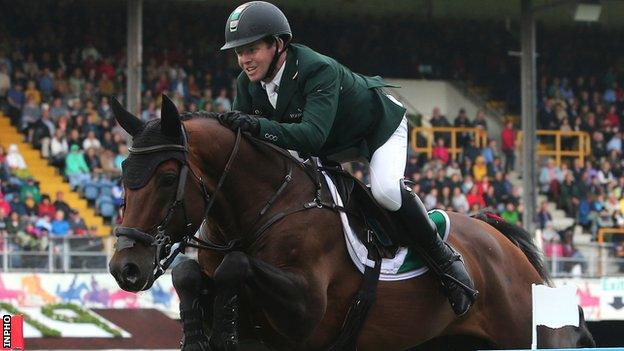 Shane Sweetnam aboard Chaqui Z for Ireland in last year's Aga Khan Trophy at the Dublin Horse Show