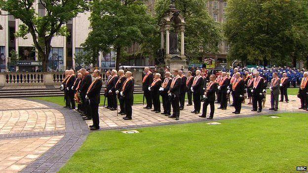 Orangemen at the Cenotaph at Belfast City Hall