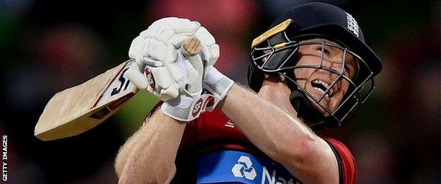 England captain Eoin Morgan hits a shot during T20 victory over New Zealand