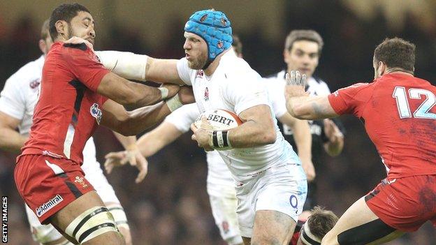 England flanker James Haskell tries to force his way past Wales' Taulupe Faletau in their 2015 Six Nations match