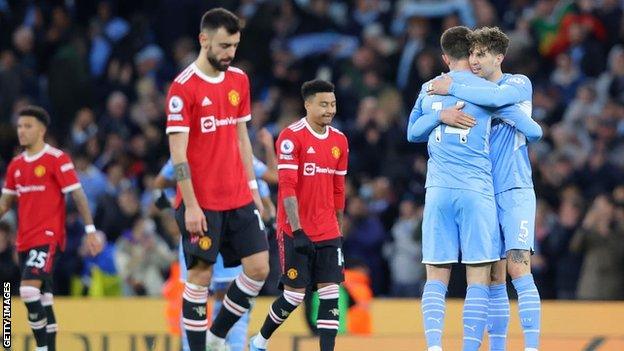 Manchester United's Bruno Fernandes after Manchester City score