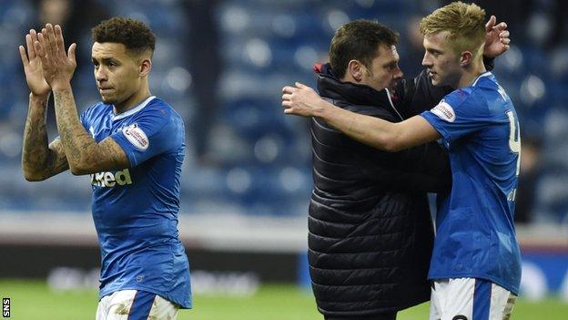 Rangers defender James Tavernier, caretaker manager Graeme Murty and teenager Ross McCrorie