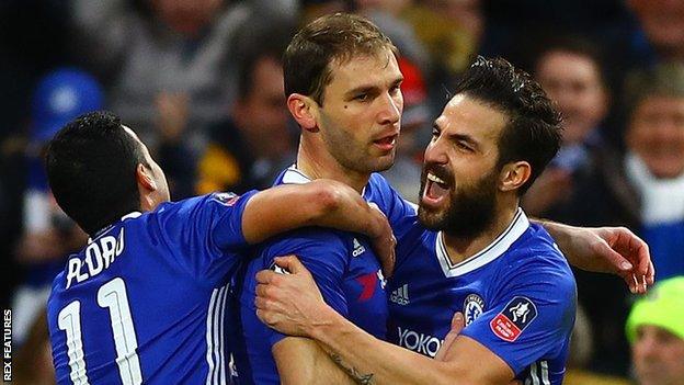 Branislav Ivanovic is congratulated by team-mates after scoring against Brentford