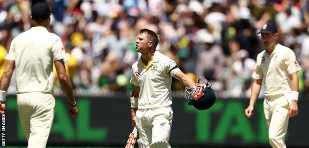 David Warner appeared to exchange words with England's fielders after bringing up his century