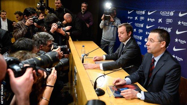 Former Barcelona president Sandro Rosell and his successor Josep Maria Bartomeu