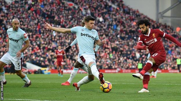 Mohamed Salah scores for Liverpool against West Ham