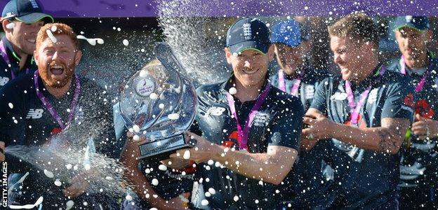 Eoin Morgan celebrates a series win against Australia in 2018