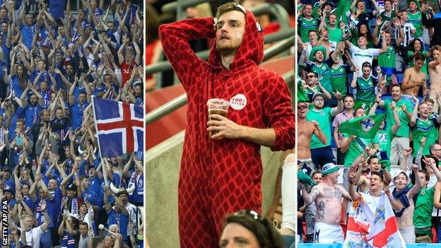 Iceland fans, a Welsh fan, and Northern Irish fans