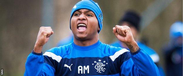 Rangers striker Alfredo Morelos celebrates in training