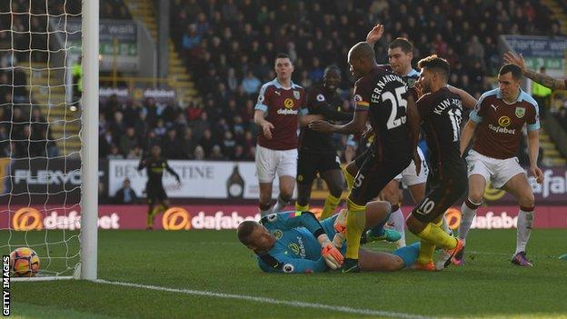 Man City striker Sergio Aguero equalises for his side at Burnley