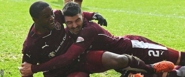 Arnaud Djoum (left) celebrates his goal with Callum Paterson