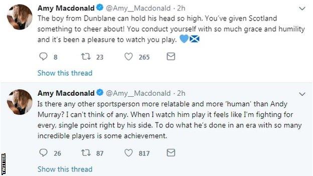 Tweets by Amy Macdonald about Andy Murray