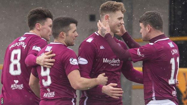 Arbroath's Jack Hamilton (centre) celebrates Arbroath's opener