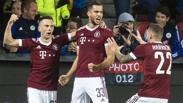 Sparta Prague's David Hancko (centre) celebrates his opener