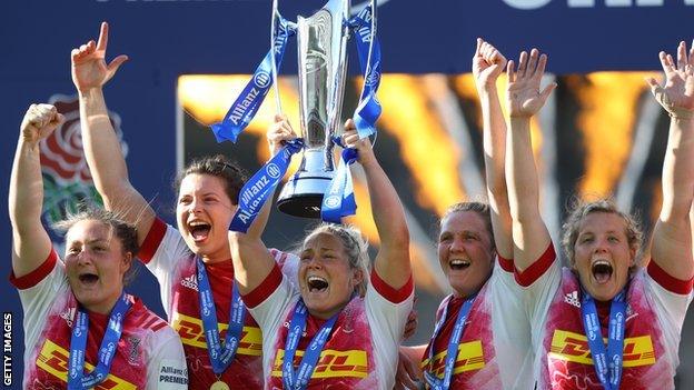 Harlequins' Rachael Burford lifted the Allianz Premier 15s Trophy in May