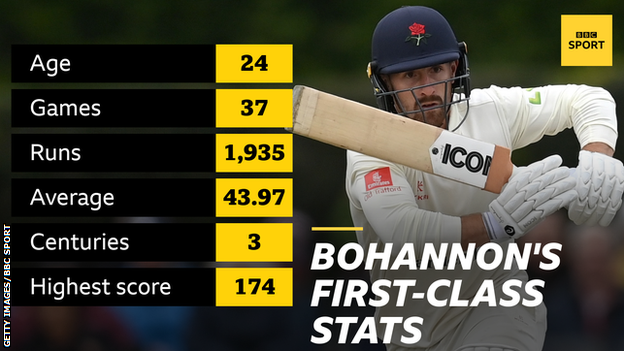 Josh Bohannon's first-class stats: Age 24, Games 37, Runs 1,935, Average 43.97, Centuries 3, Highest score 174