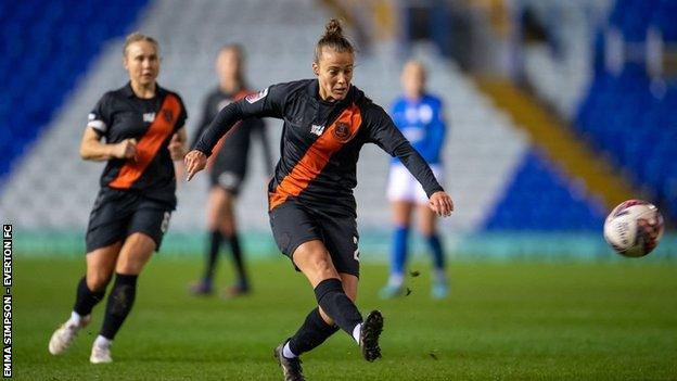 Aurora Galli of Everton crosses the ball during the Barclays FA Women's Super League match between Birmingham City Women and Everton Women